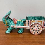 Vintage Italian hand-painted sculpture of a donkey with a cart in the shape of a bowl from Deruta, Italy.