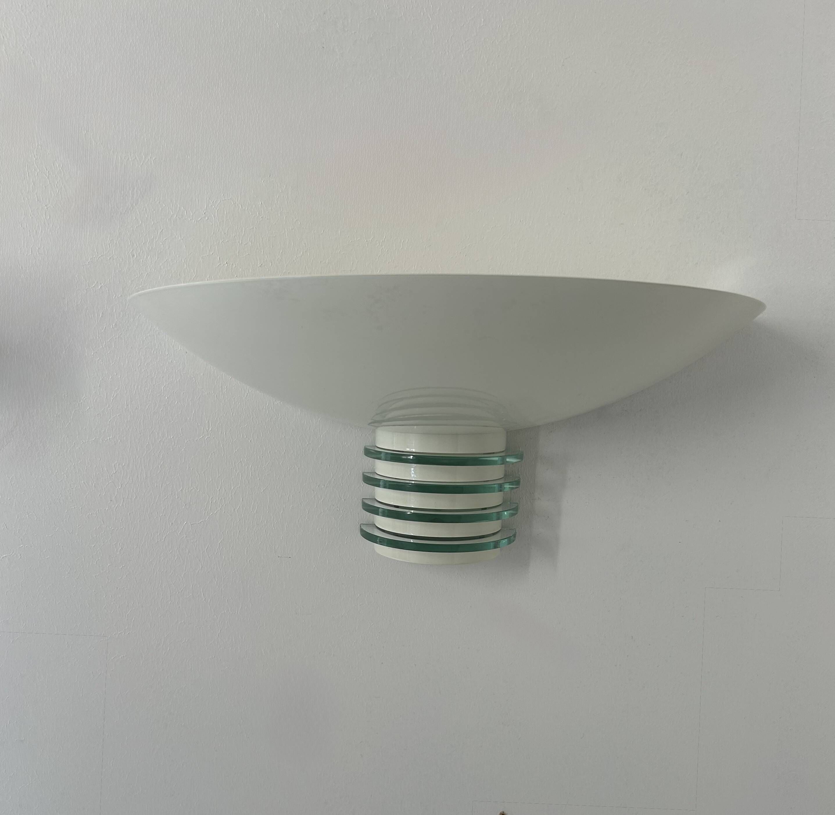 Pair of post-modernist wall lights, white metal and glass, France 1980