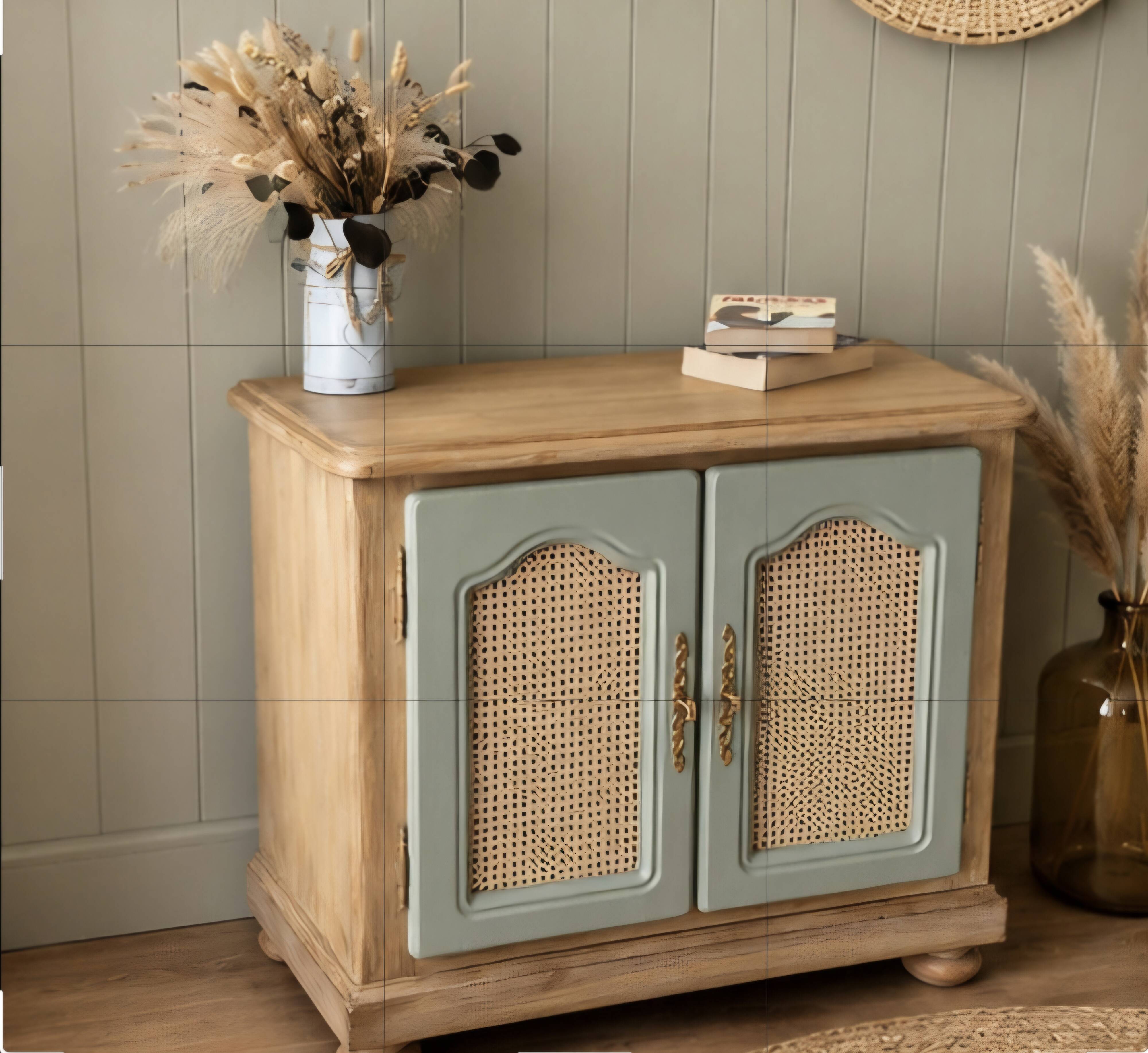 Renovated vintage sideboard in caning and sage green.