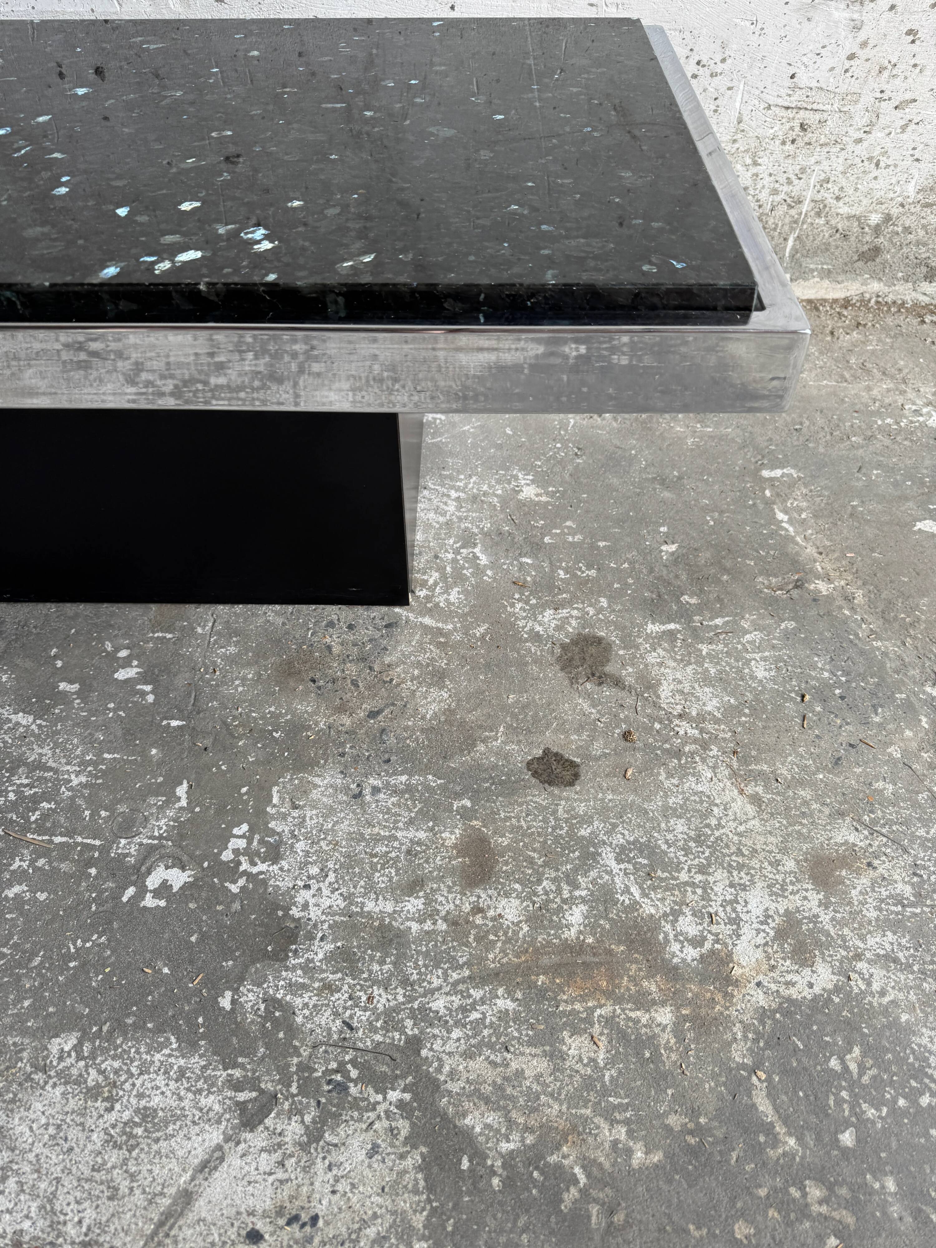 Vintage Black Terrazzo Coffee Table with Wooden Pedestal Base — Mid-Century Rectangular Accent Table