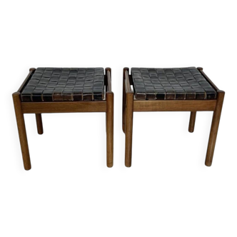 Pair of stools, leather and wood, 1960'