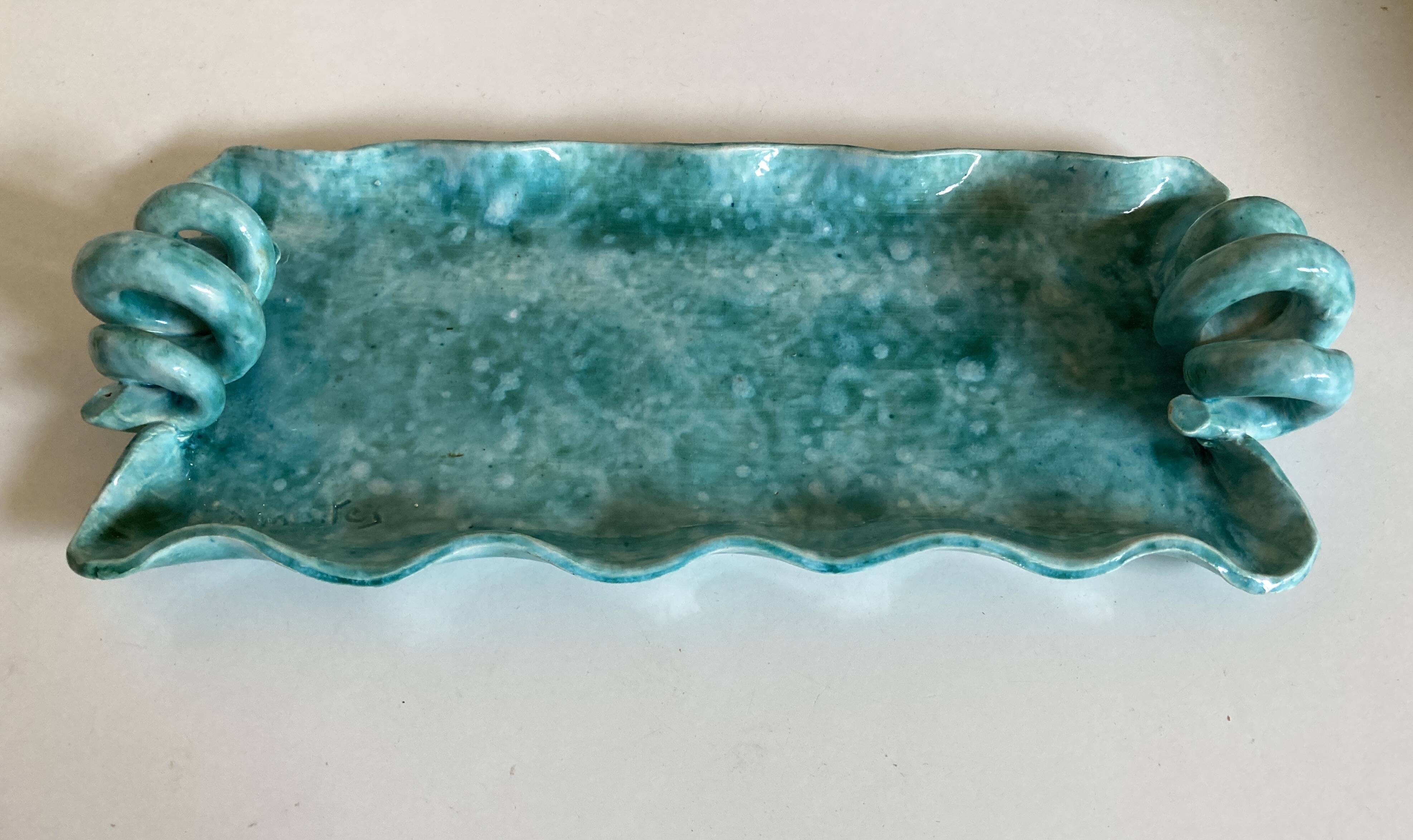 Wavy turquoise glazed earthenware plate 1960 Provence