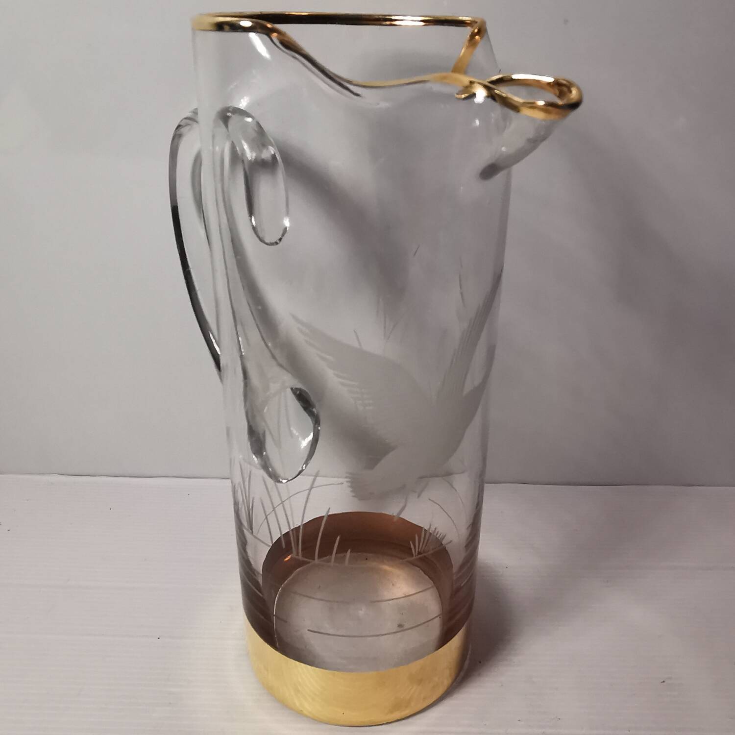 Vintage Engraved Glass & Crystal Pitcher with Duck and Reeds, Gilding