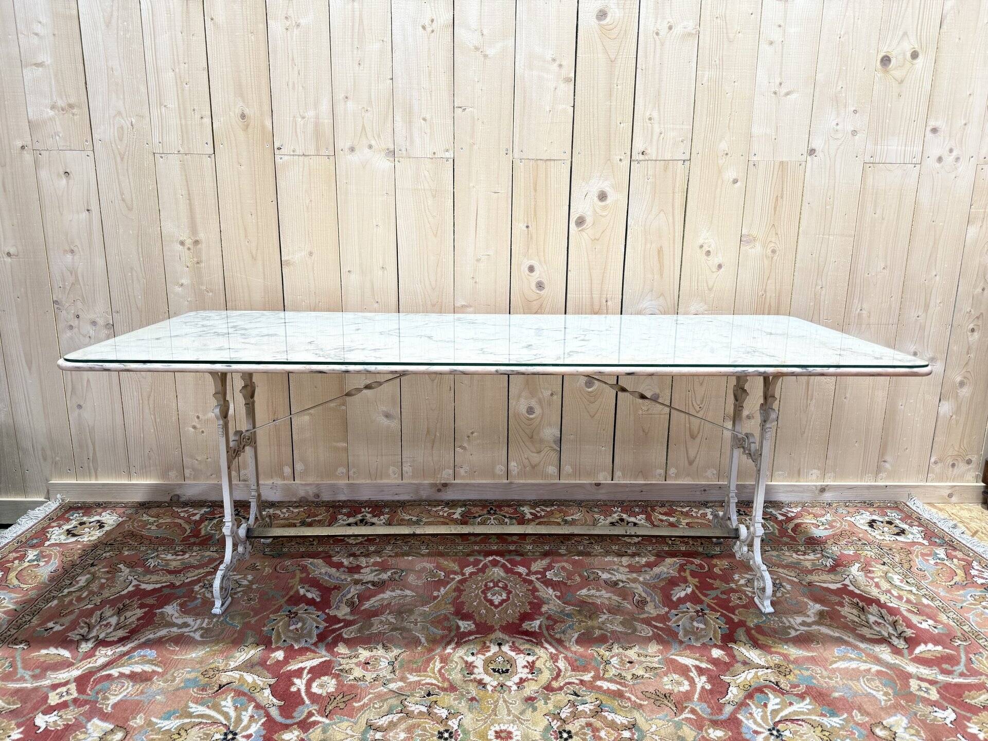 Large Art Nouveau brasserie table in iron and marble
