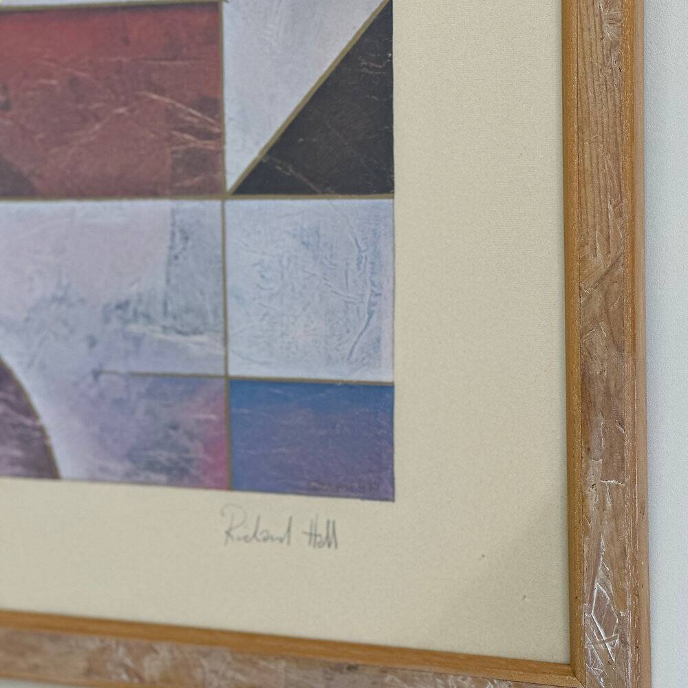 Pair of large Richard Hall geometric abstract mixed media lithographs with gold