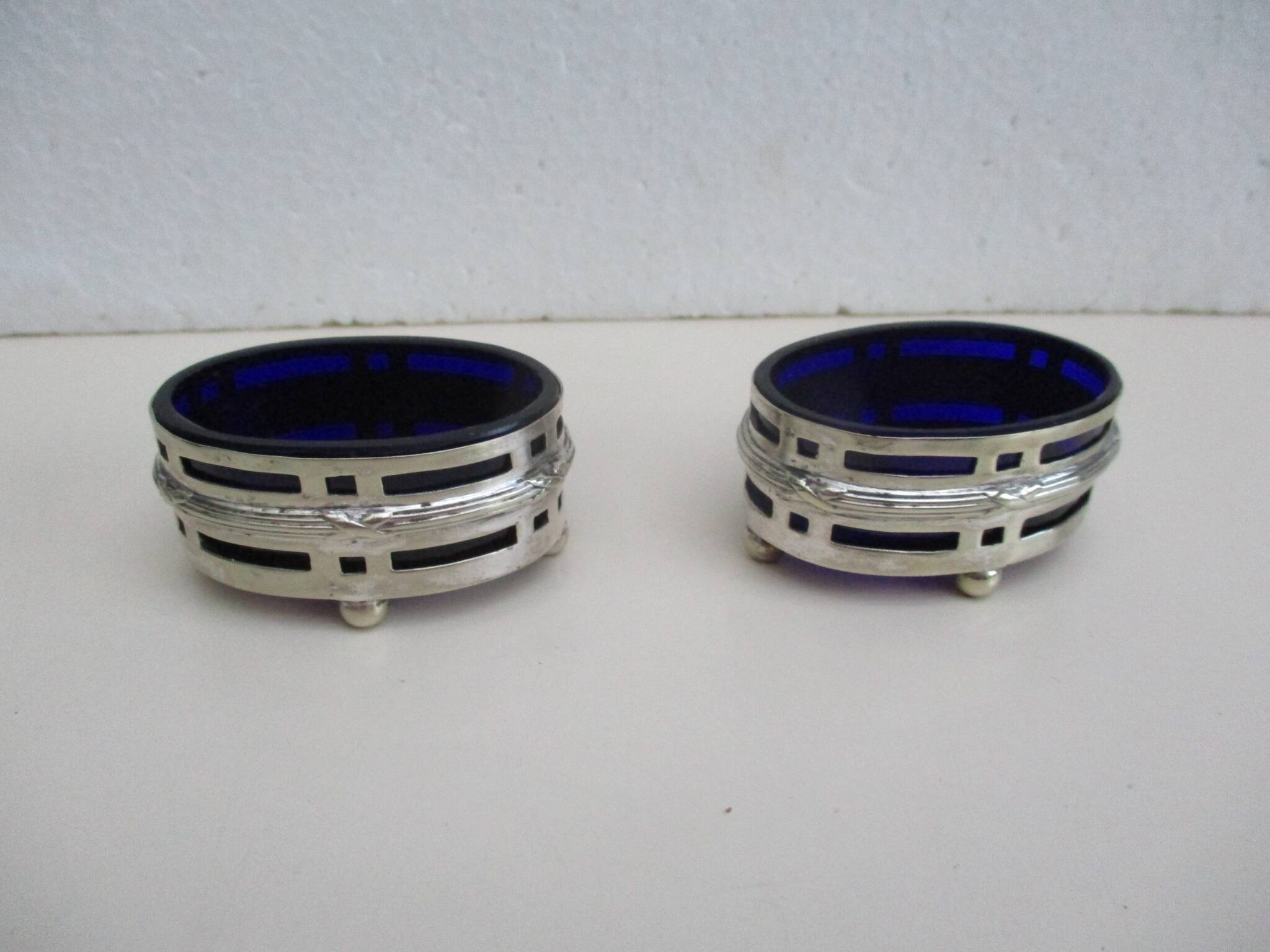 Silver metal and cobalt glass salt pots - EP St & co