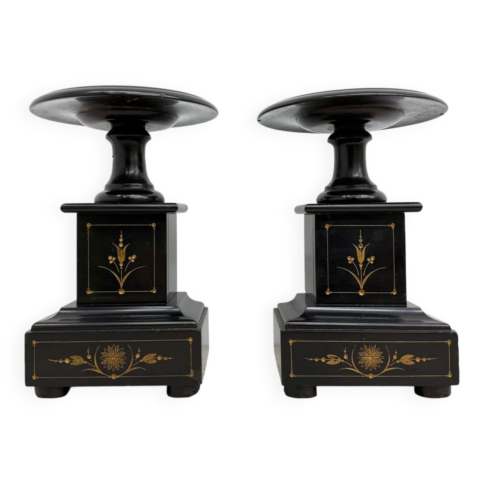 Antique French black marble cassoulets gilt decor pedestals neoclassical pair, 1900s