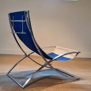 Marcello Cuneo ‘Louisa’ lounge chair in blue canvas and white leather, Italy 1970s