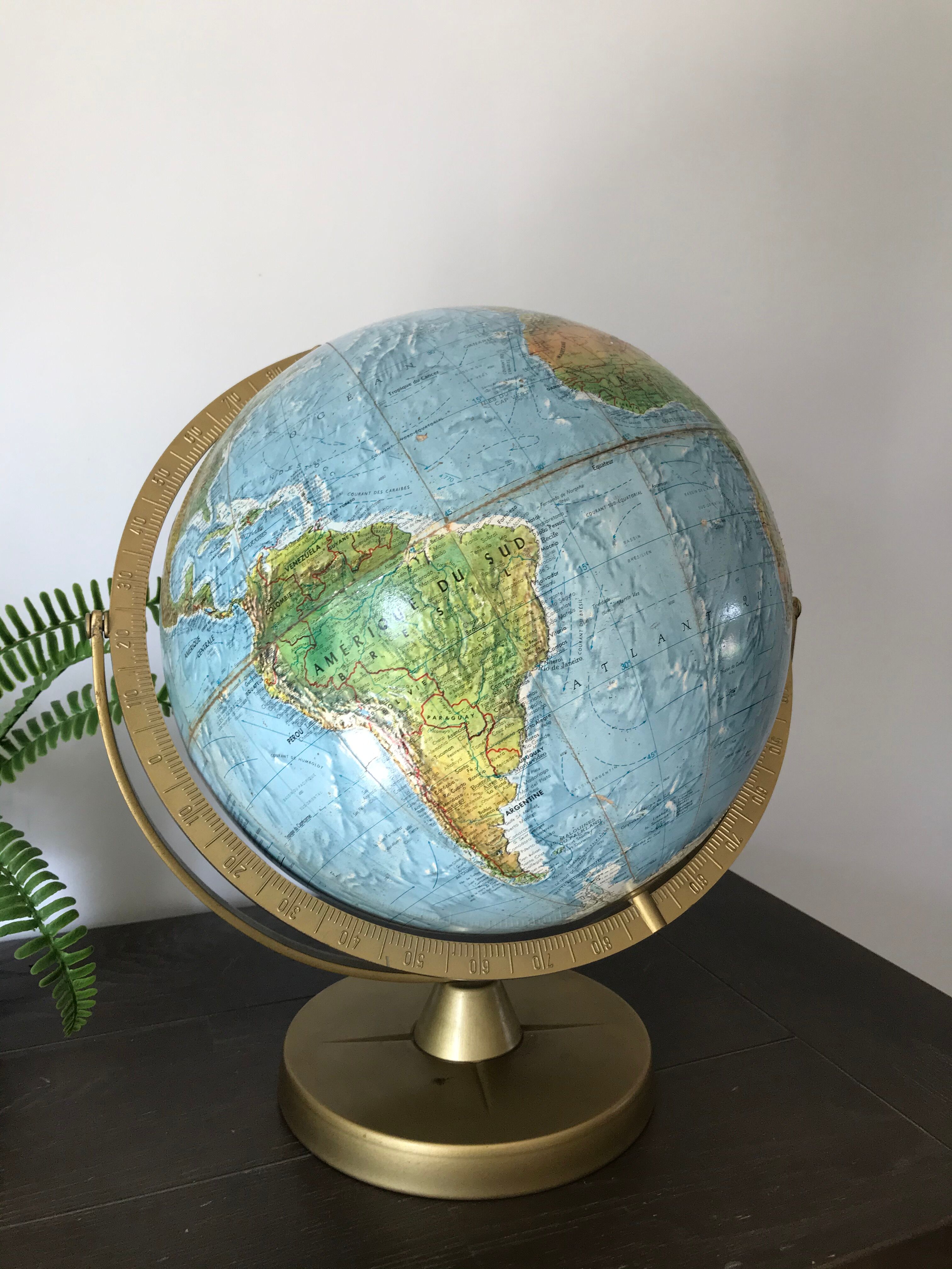 Globe Earth Scanglobe 1960 in relief, paper map and brass footing