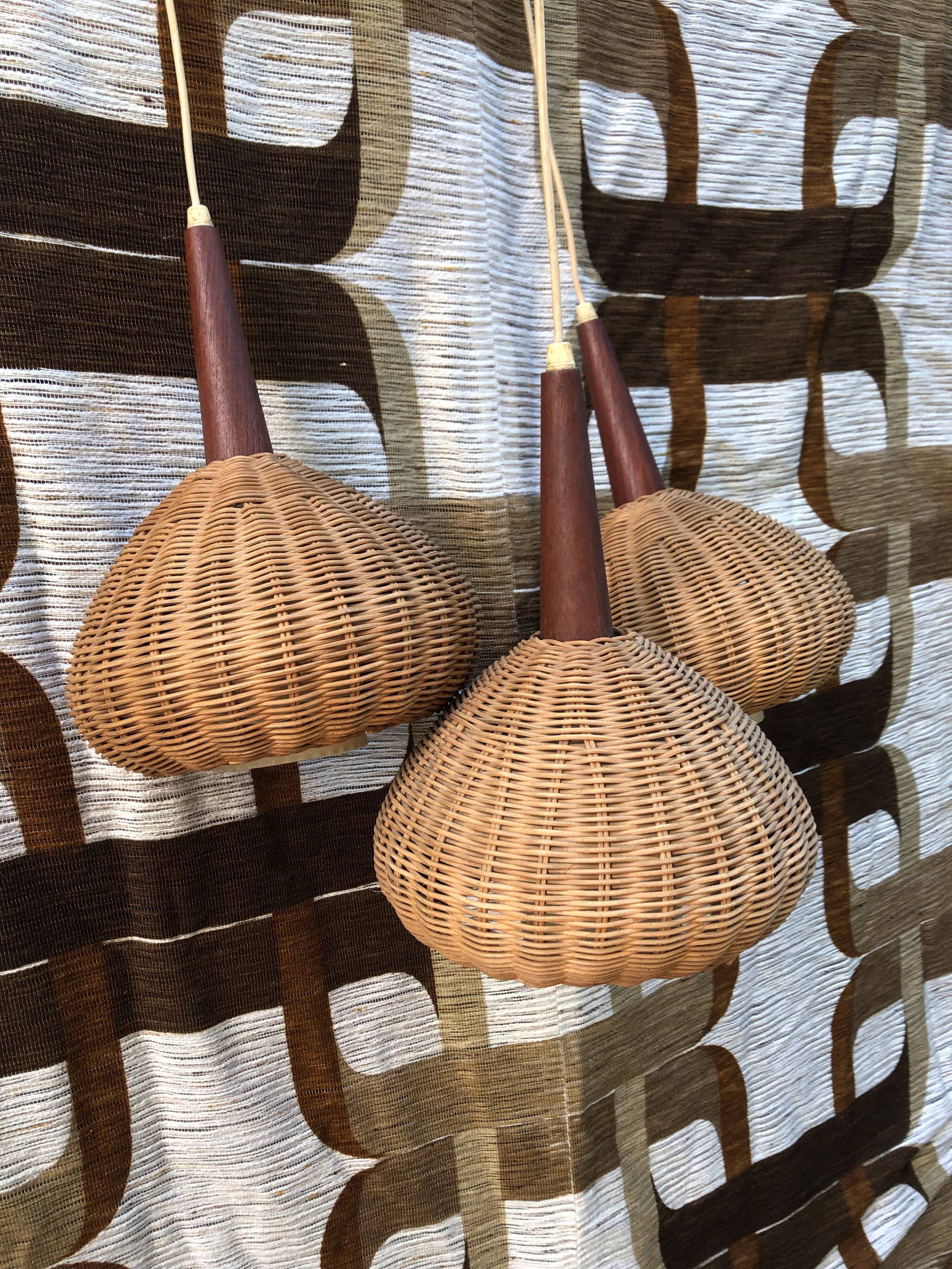 Suspension 3 arms rattan and teak vintage 60s
