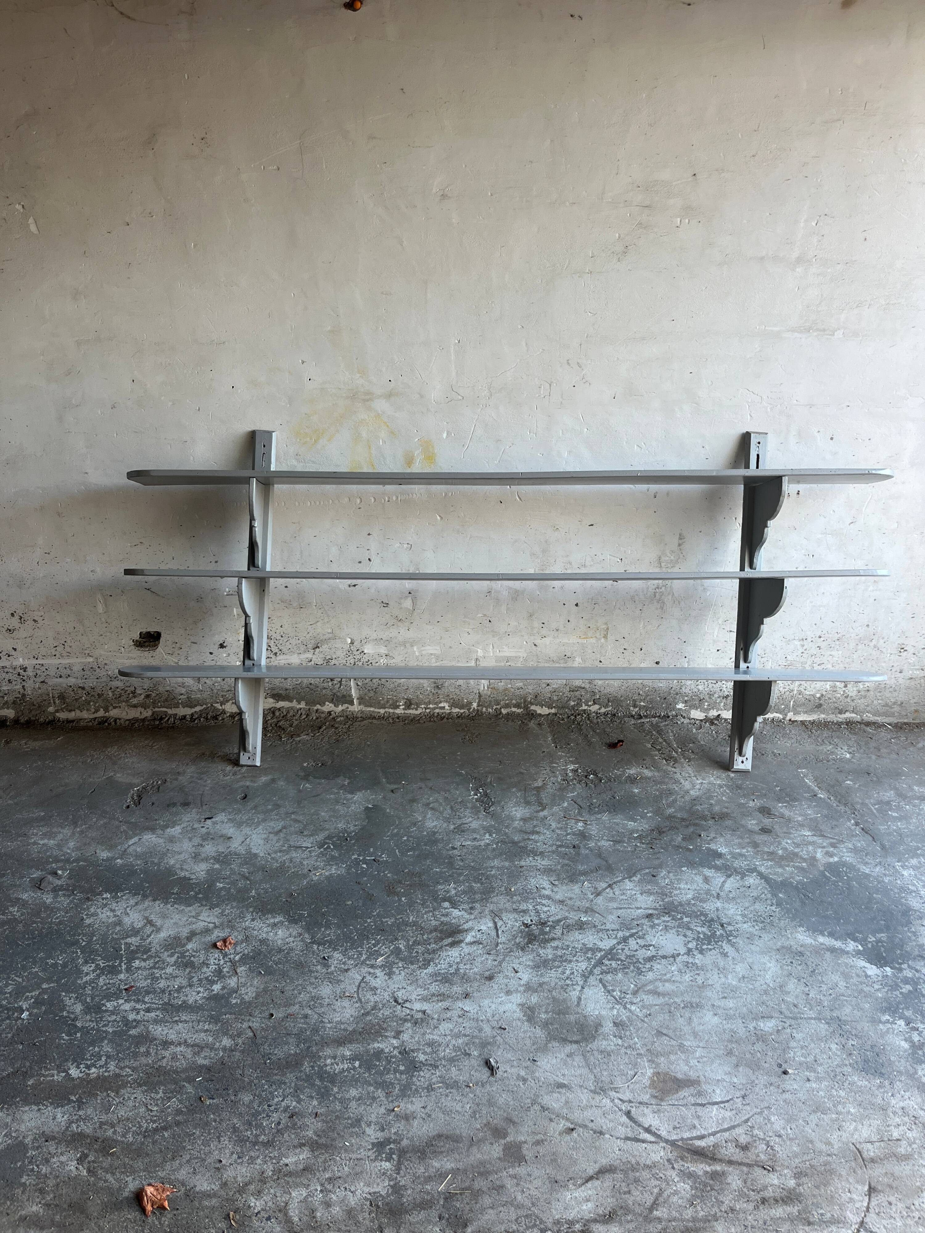 XL Antique French Wall Rack — Painted Grey Solid Wood, 3-Tier 249cm Industrial Farmhouse Shelf
