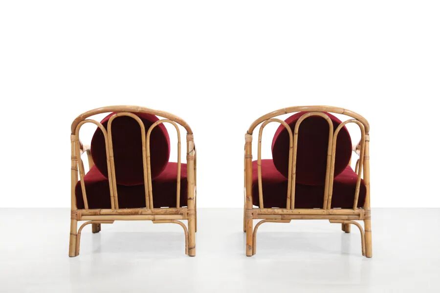 Set of 2 bamboo and rattan armchairs with Bordeaux red mohair upholstery