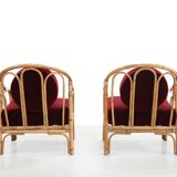 Set of 2 bamboo and rattan armchairs with Bordeaux red mohair upholstery