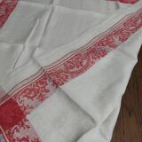 Nappe ancienne fil damassé rouge et blanc dix serviettes 150 X 190 cm