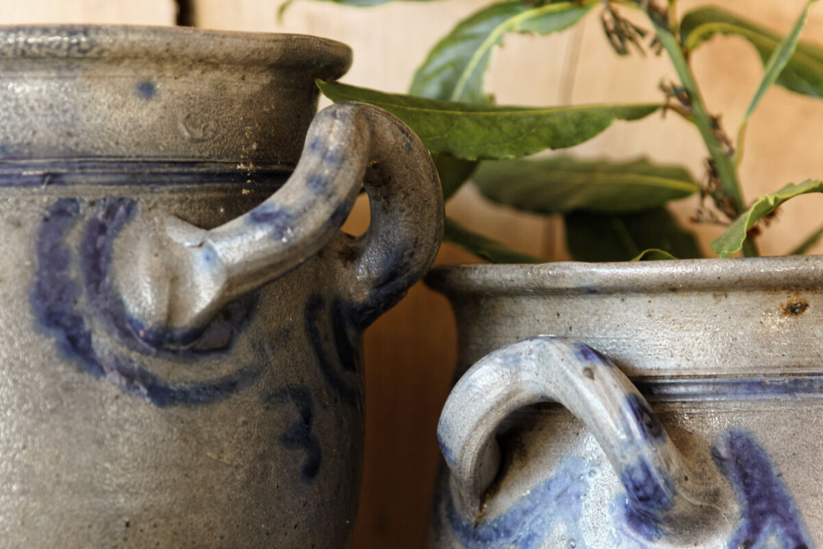 2 old Betschdorf, Alsatian salt pots with ears