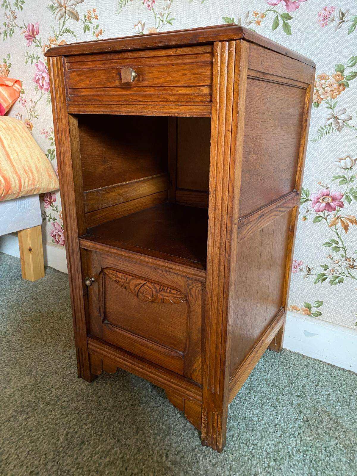 Vintage wooden nightstands/bedside tables carved with art deco motifs