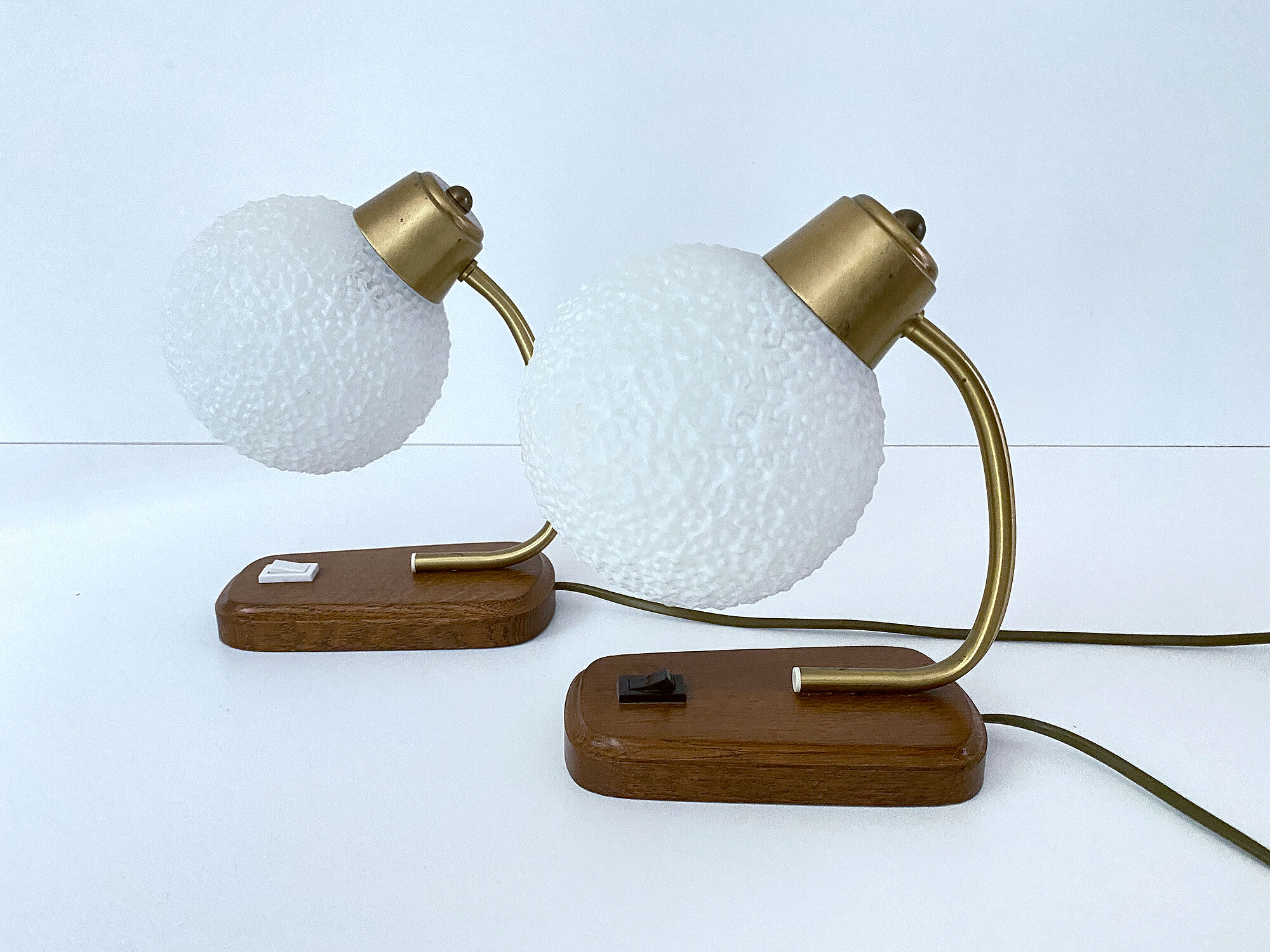 Pair of Scandinavian Vintage Lamps, Wood, Brass and Glass, 60s