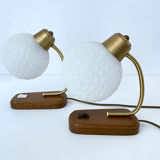Pair of Scandinavian Vintage Lamps, Wood, Brass and Glass, 60s
