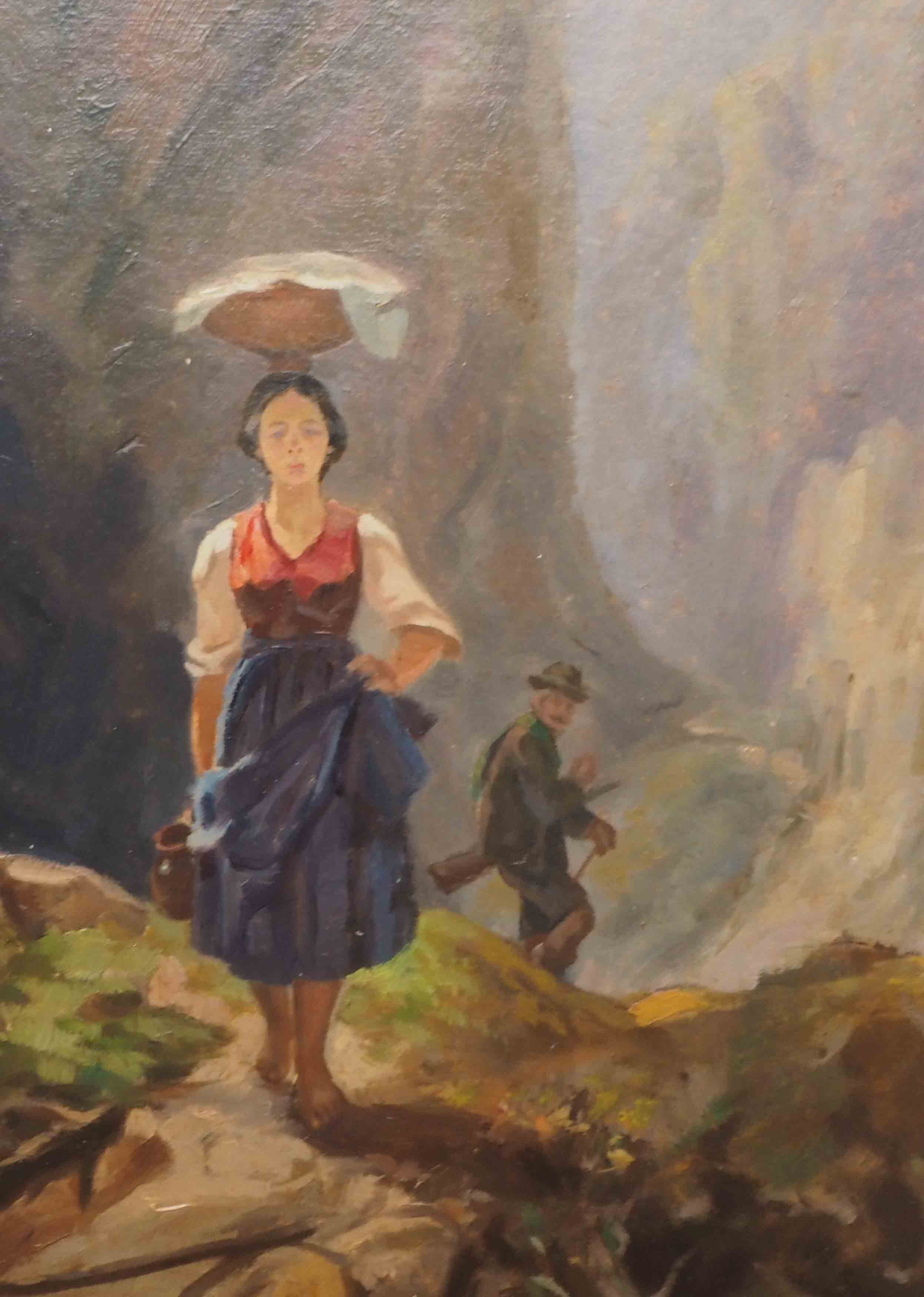 Tableau Scène de montagne avec personnages chasseur porteuse d'eau XIX°