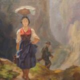 Painting Mountain scene with characters hunter carrying water XIX°