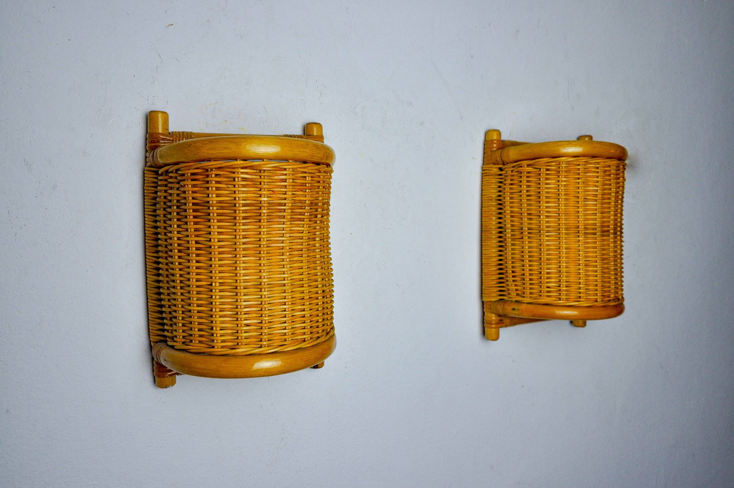 Pair of rattan sconces, France, 1960