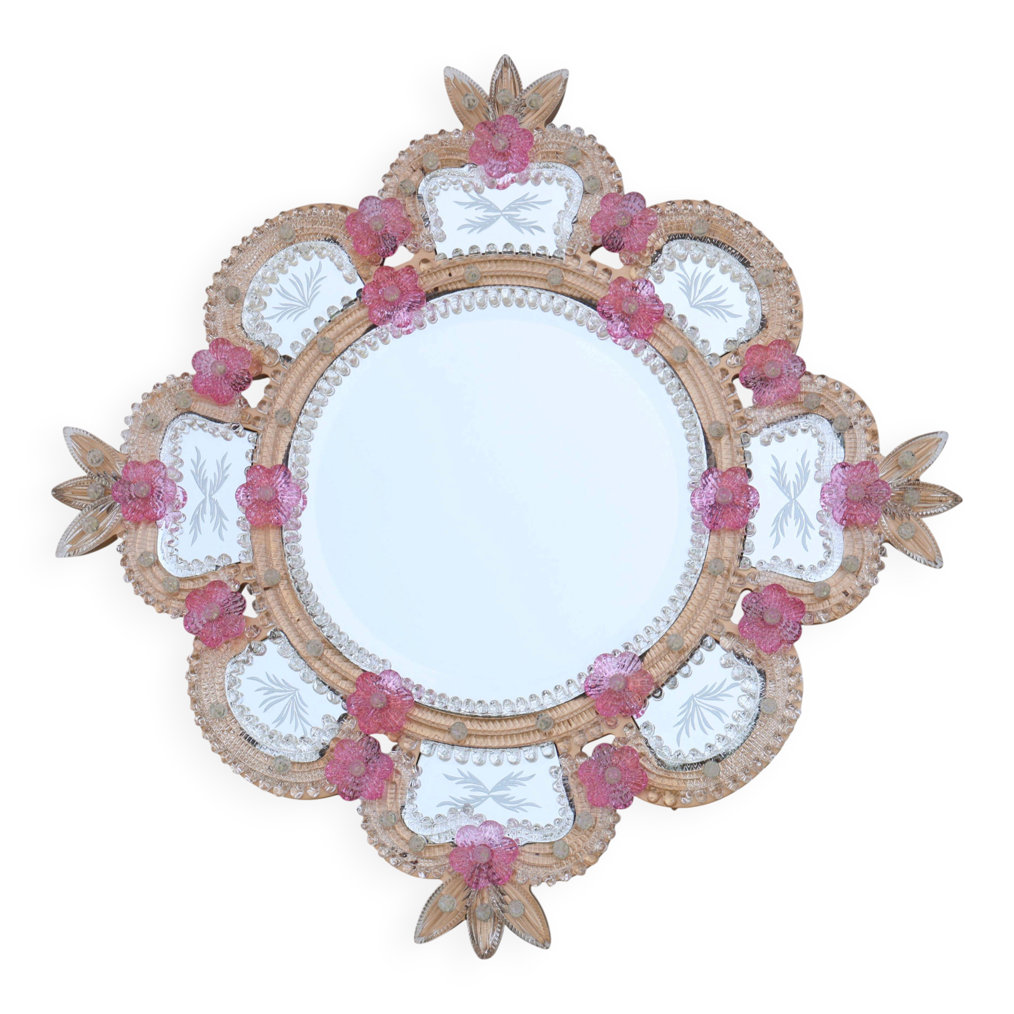 Exceptional Vintage Pink Murano Glass Wall Mirror