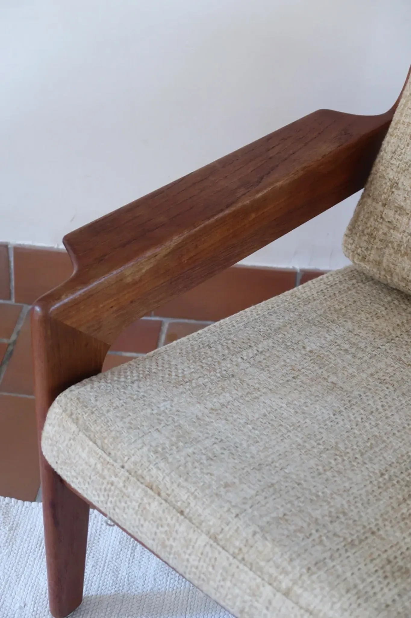 Scandinavian armchair, teak, beige fabric, 1960s.
