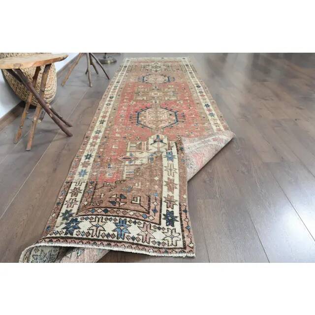1970s Vintage Persian Handmade Wool Cotton Red Runner Rug 88x329