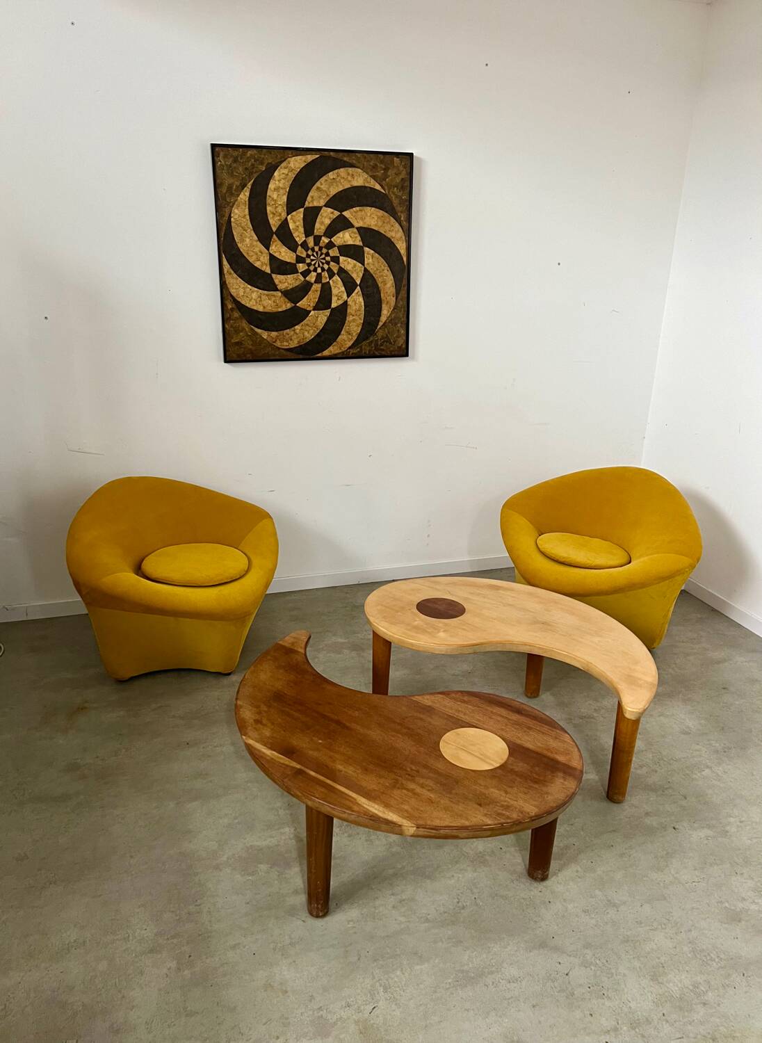 Solid wood coffee table with 2 Yin and Yang elements vintage 60s
