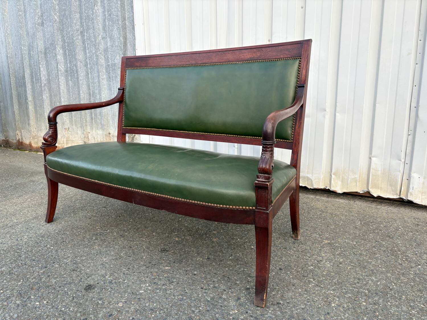 Empire style bench in mahogany and green leather