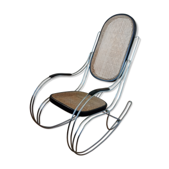 Rocking chair in chrome metal and wood