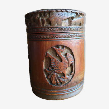 Round carved wooden box