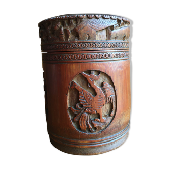 Round carved wooden box