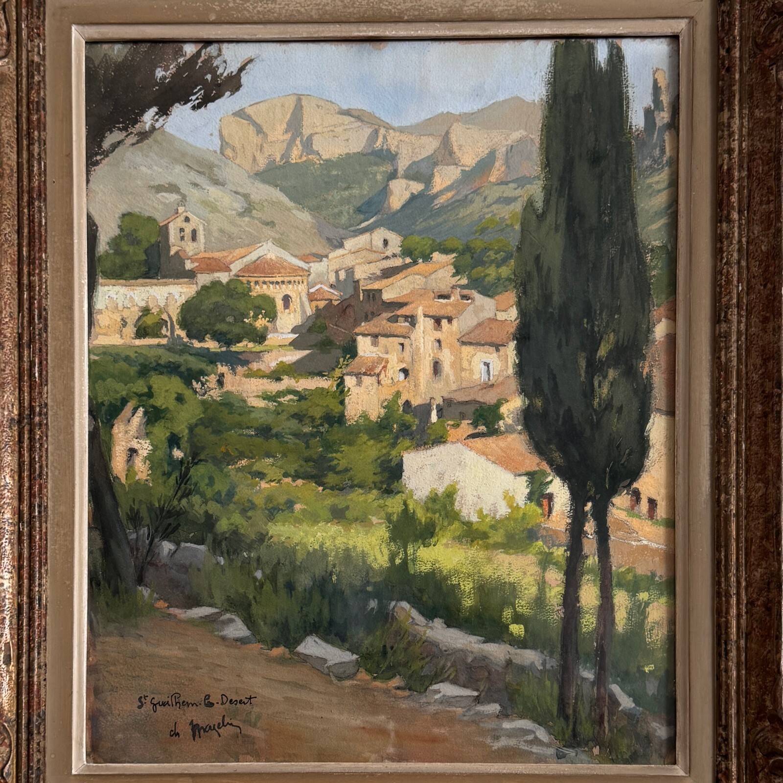 Watercolor on paper, Saint-Guilhem-le-Désert by Ch. Mazelin, 20th century