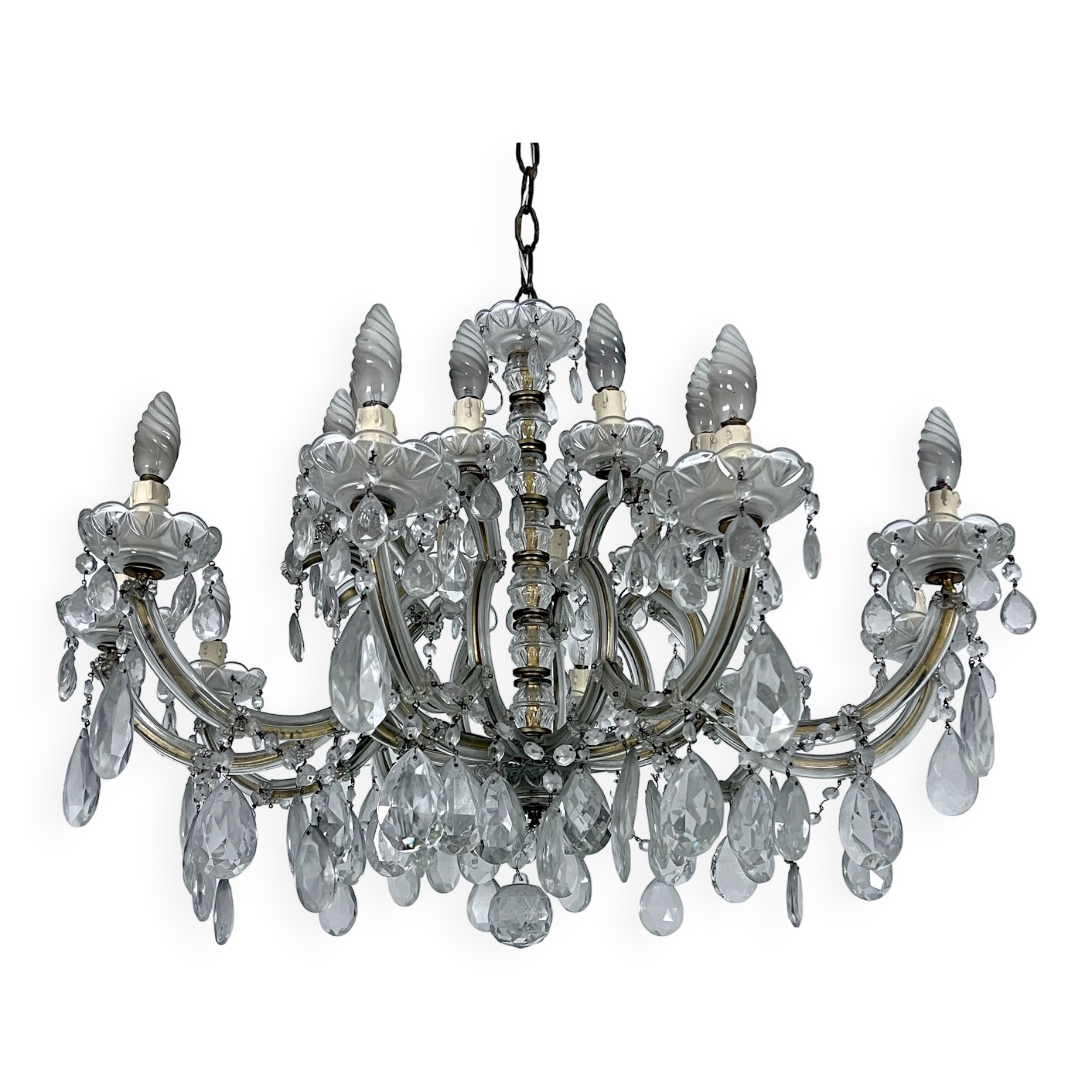 Mid-Century Maria Teresa crystal and brass large chandelier. Italy 1940s