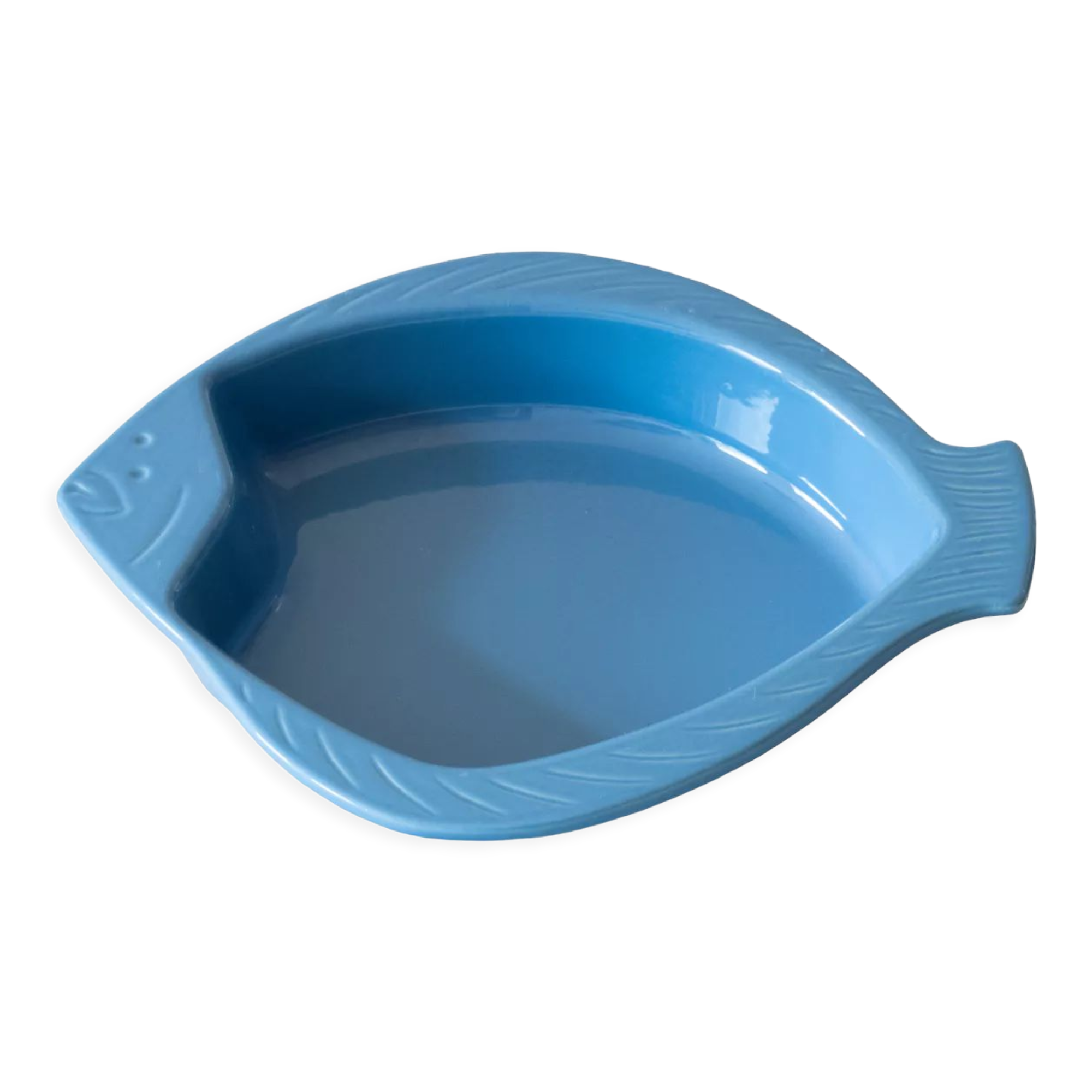 Old dish Emile Henry blue fish