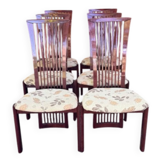 Set of 6 vintage chairs in brown lacquered wood with beige fabric seats, Pietro Costantini.