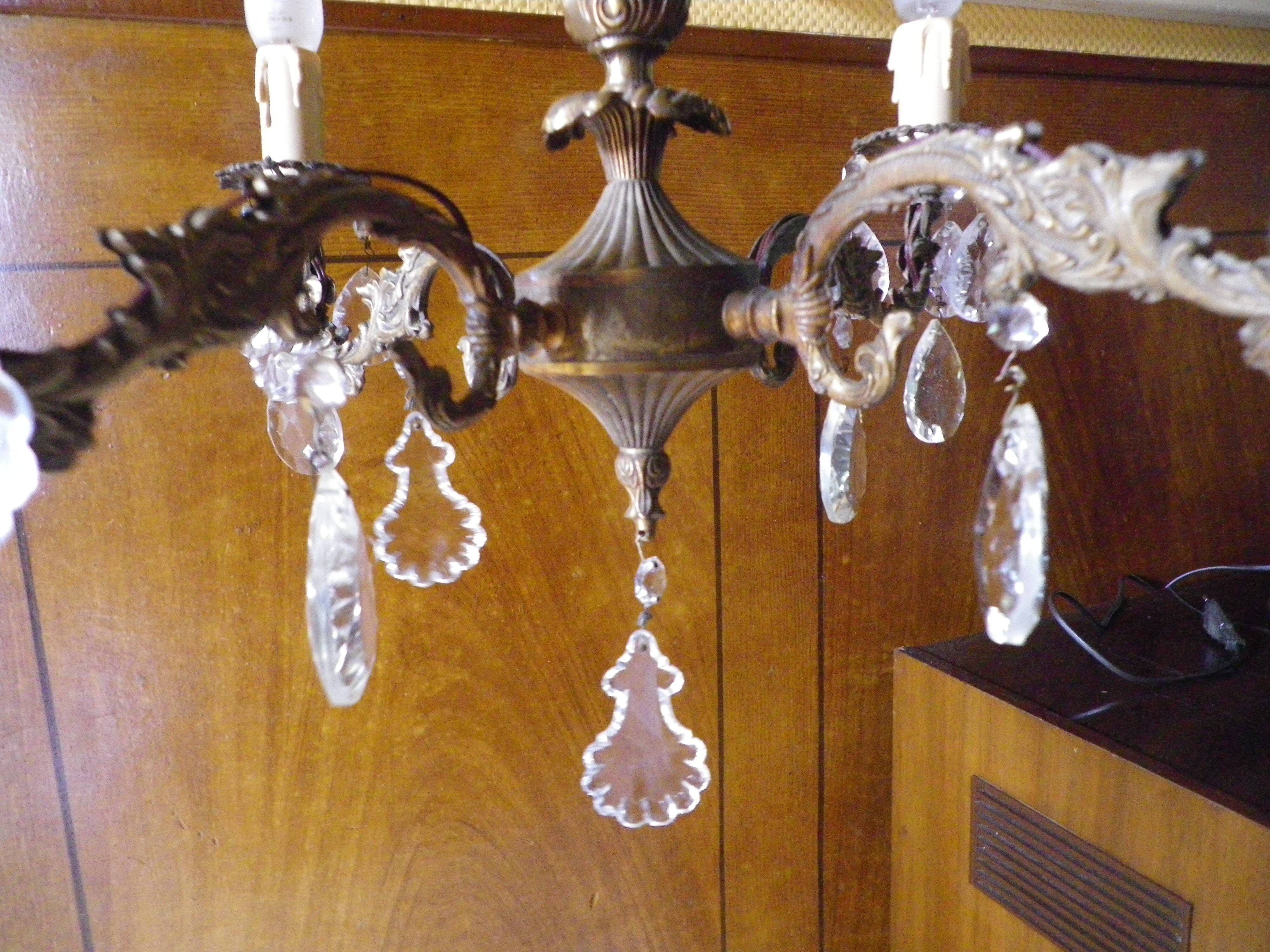 Rococo chandelier with crystal pendants, 4 lights, brass and metal 1950/1960