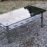 Table basse design en acier brossé plateau en verre fumé 1970