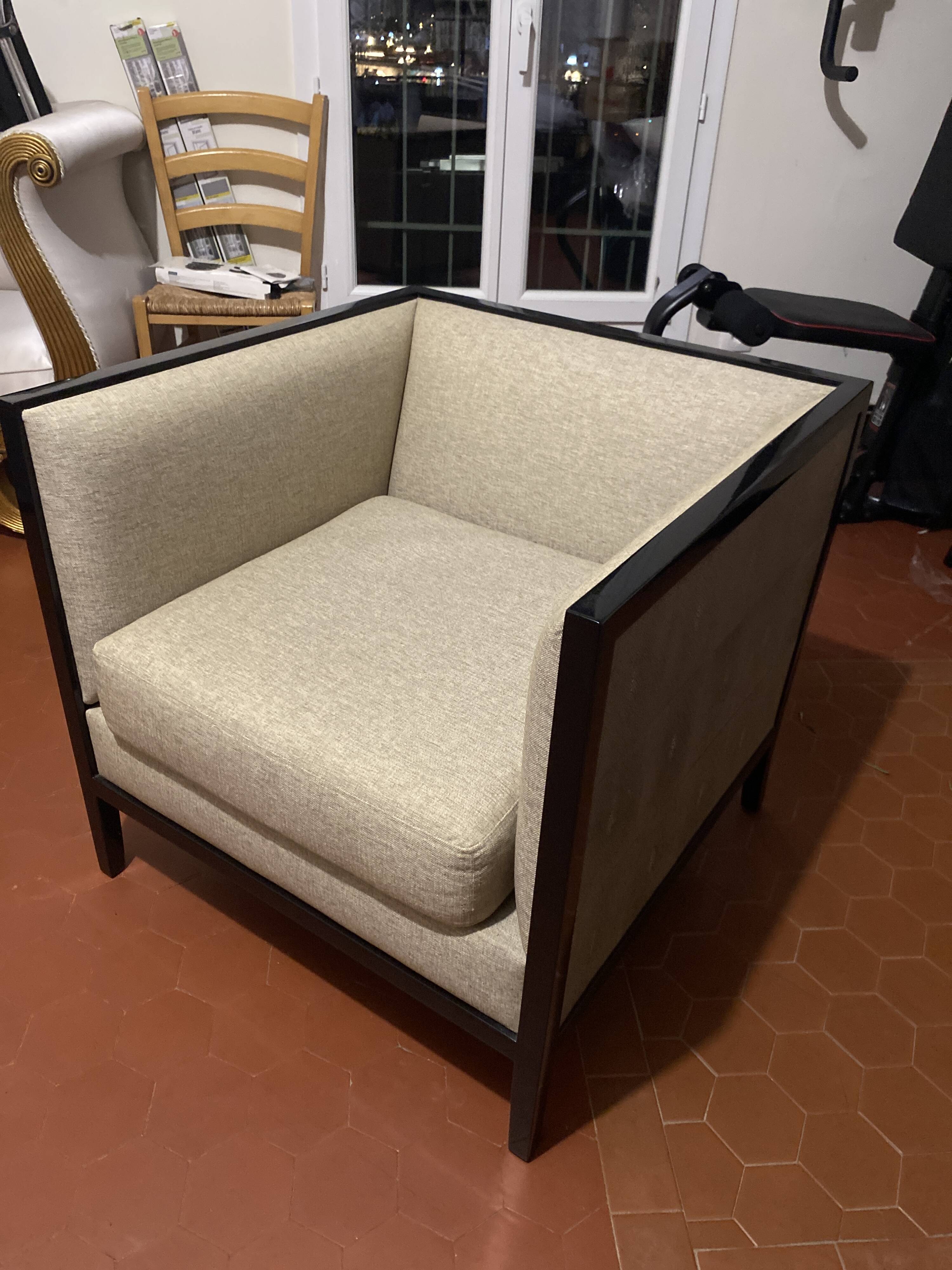 Mahogany and gray fabric armchair
