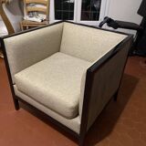 Mahogany and gray fabric armchair
