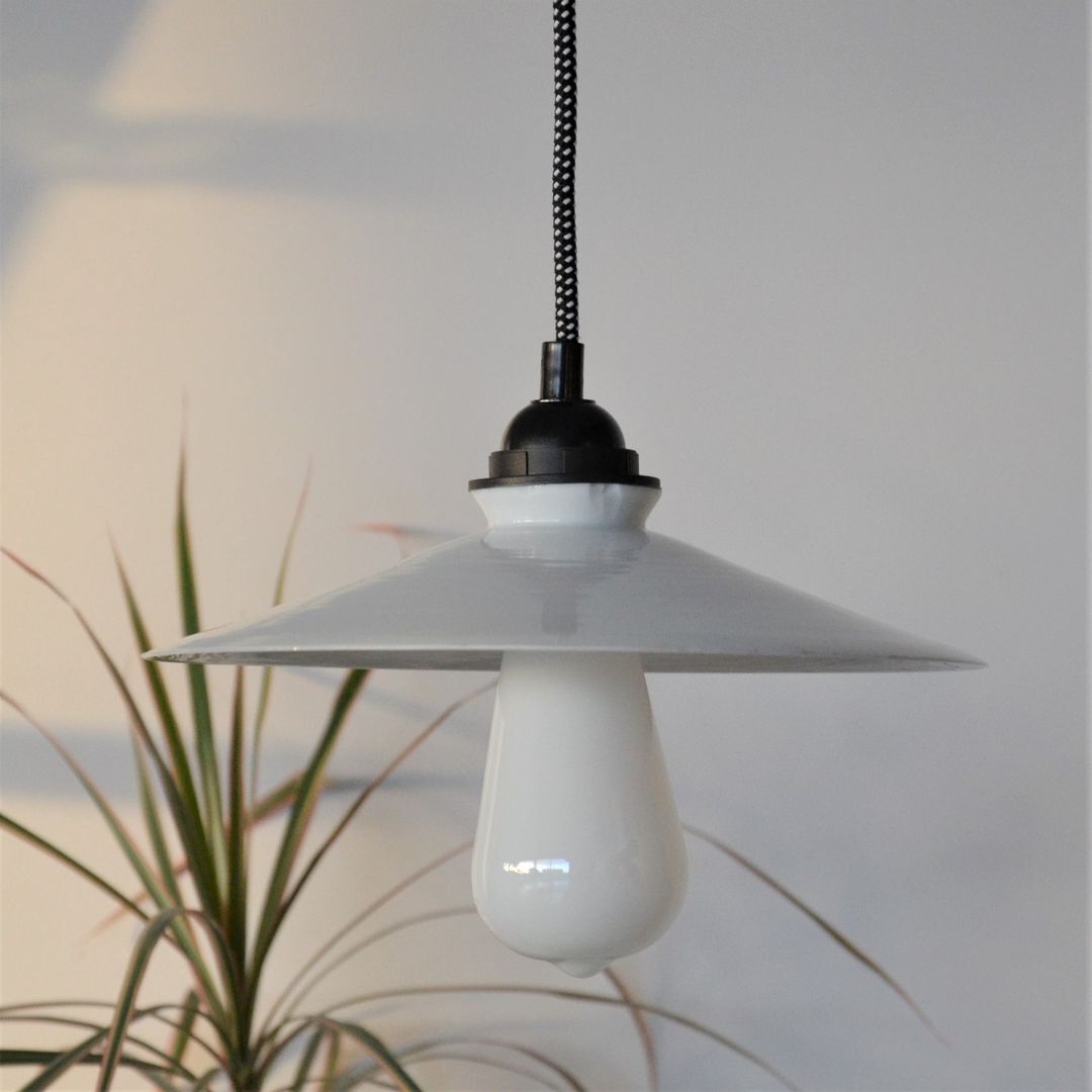 Vintage white opaline pendant lamp and retro cord