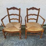 Pair of provencal straw armchairs in walnut
