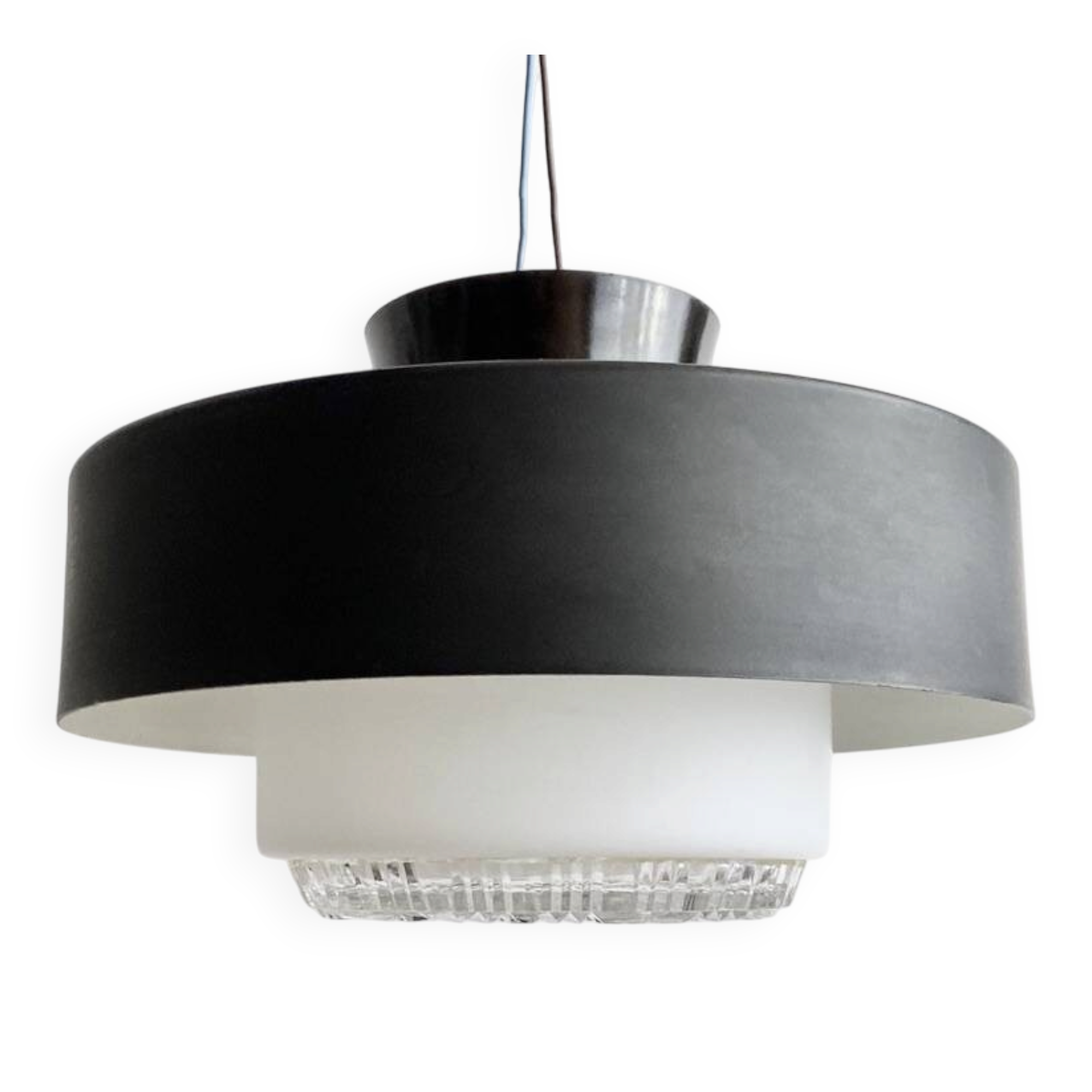 Holophane Ceiling Light Vintage 60s Black Metal and Frosted Glass Crafted