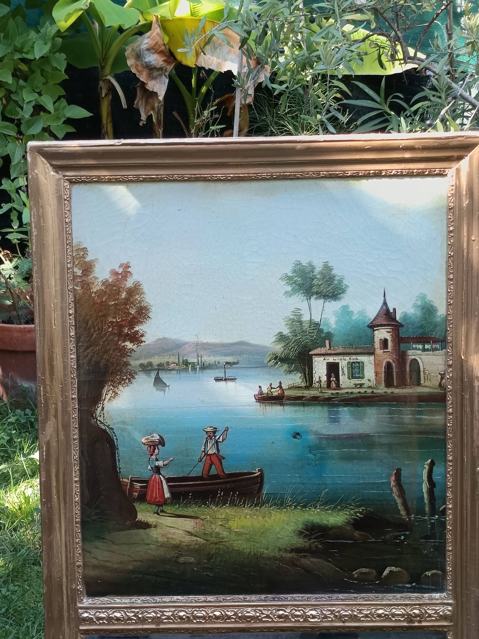 Antique trumeau with romantic decor, oil on canvas, mirror, late 19th and early 20th century