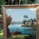 Antique trumeau with romantic decor, oil on canvas, mirror, late 19th and early 20th century