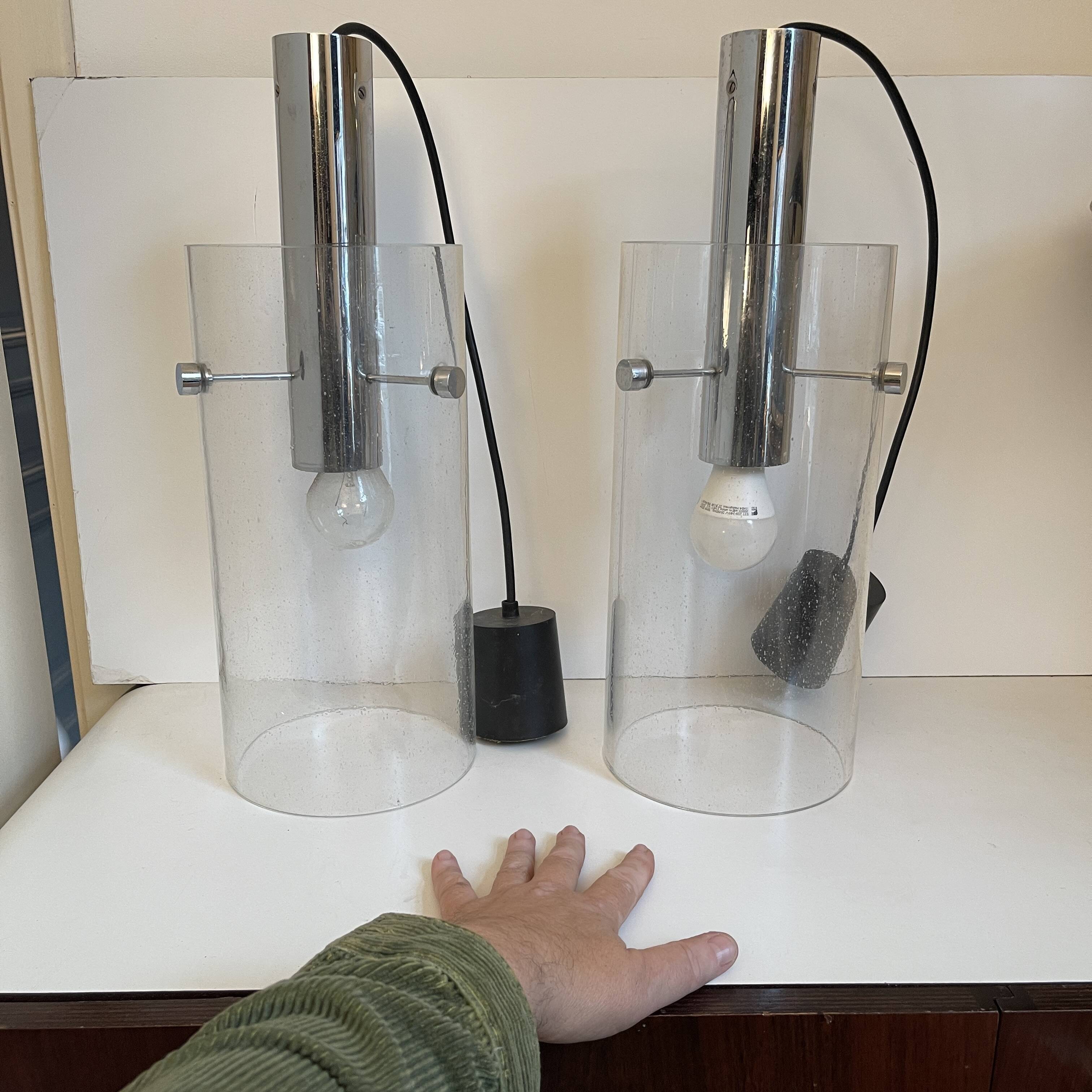 Pair of cylindrical pendant lamps, glass and steel, glashütte limburg