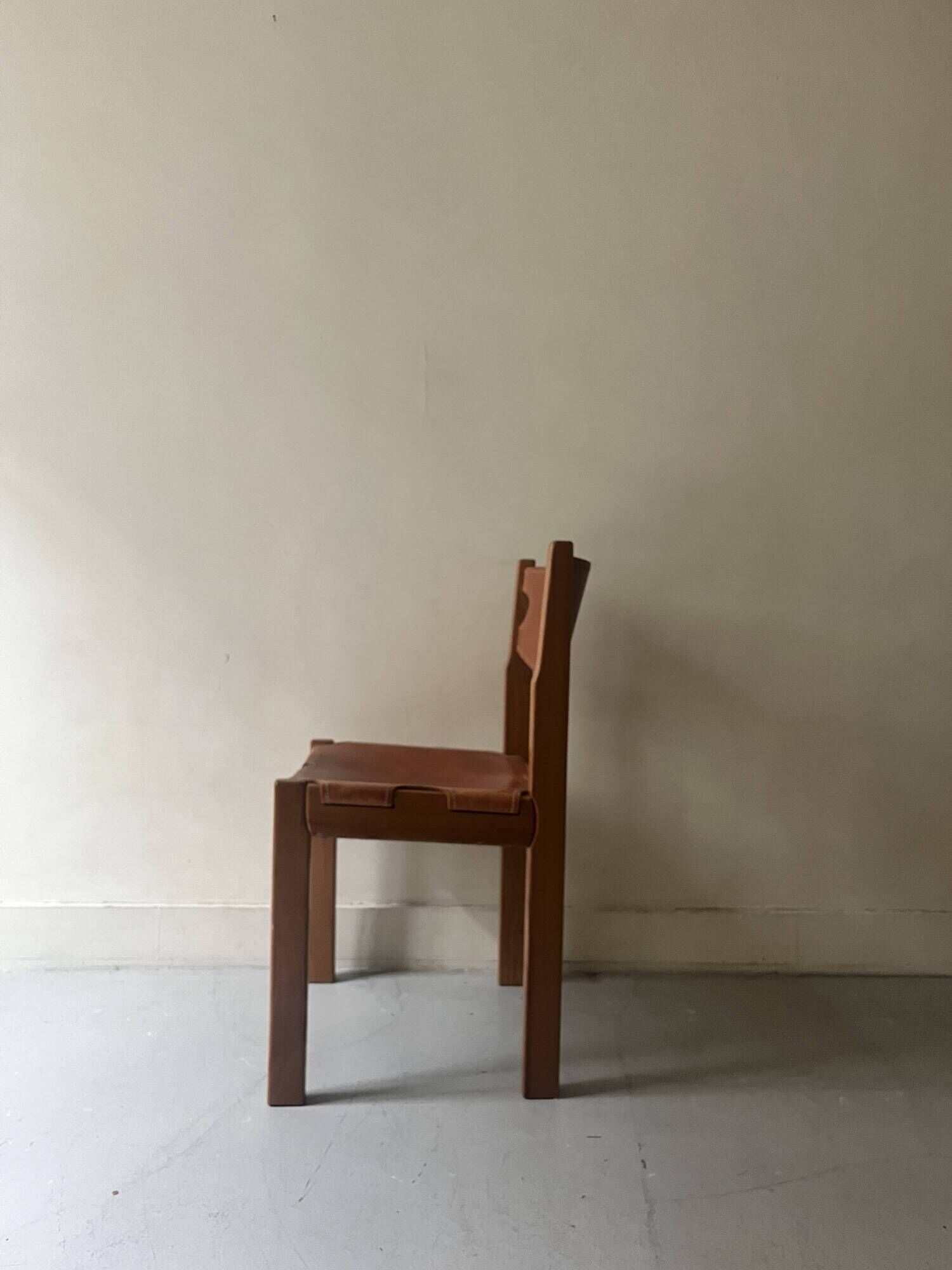 elm wood and camel leather chair Maison Regain, French design 1960