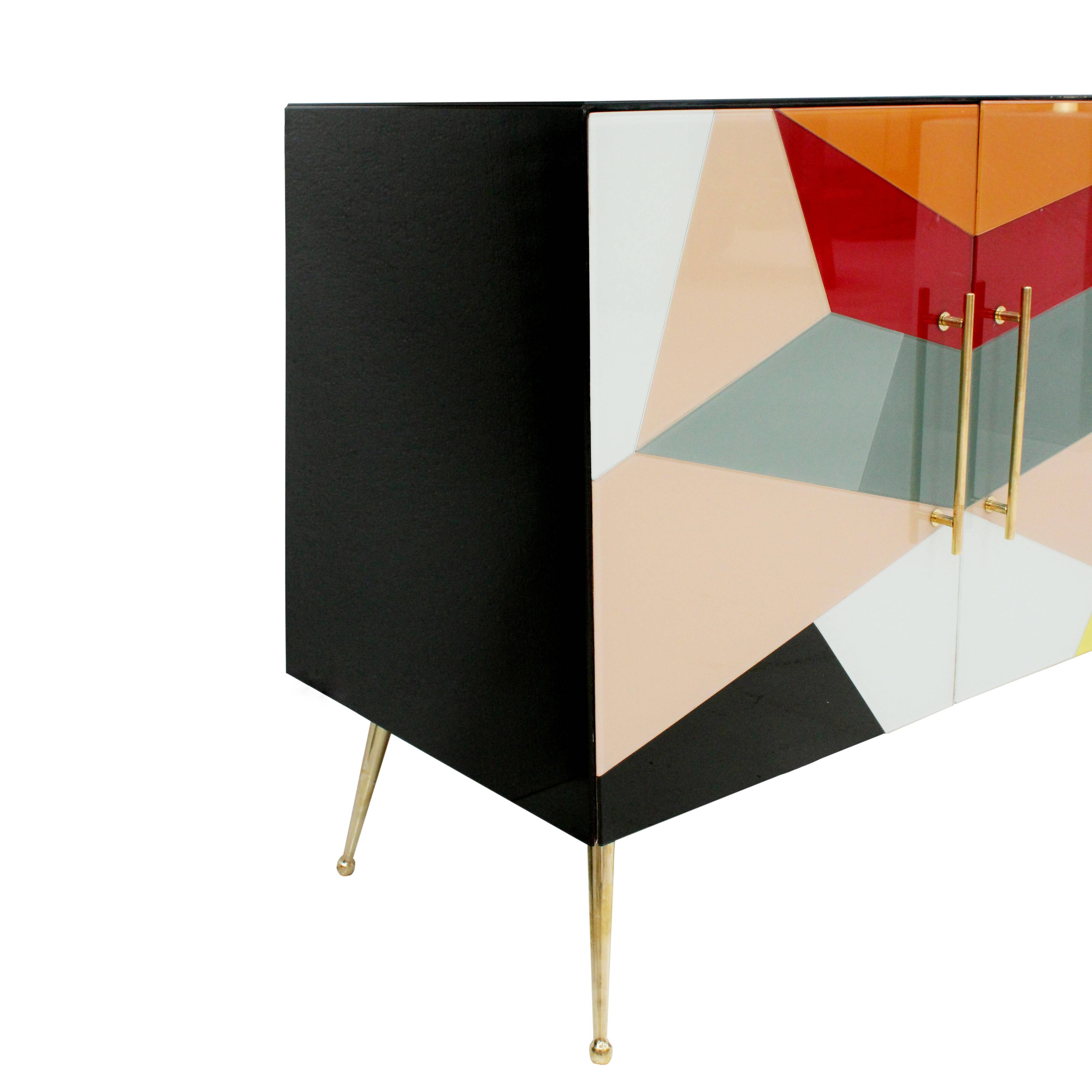 Mid-Century Italian Sideboard, Colorful Glass and Brass, Geometric Design.
