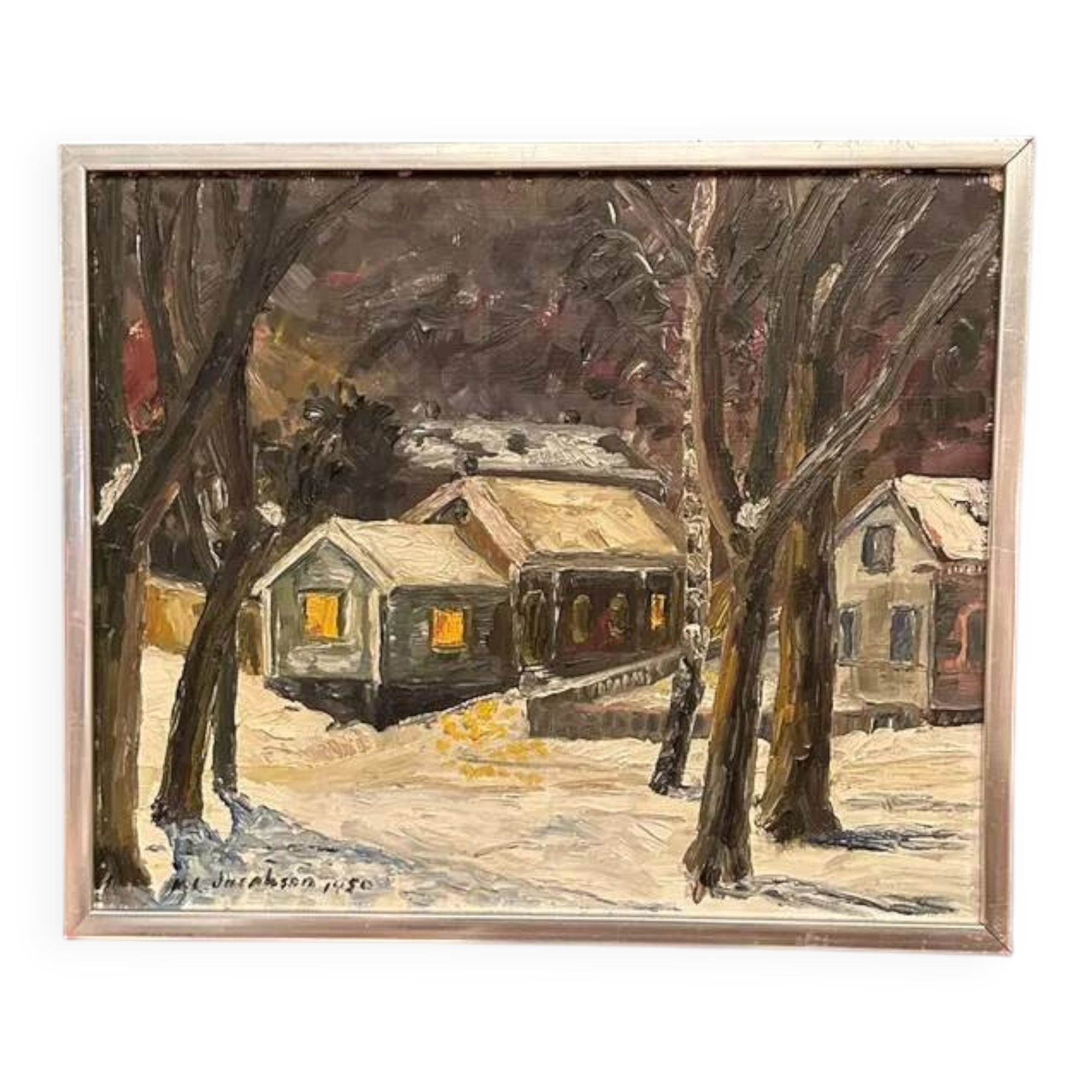 Original Swedish Oil on Panel – “Winter Landscape with House” by M. L. Jacobson – Signed – Vintage & Framed – 48 × 41 cm (18.9" × 16.1")